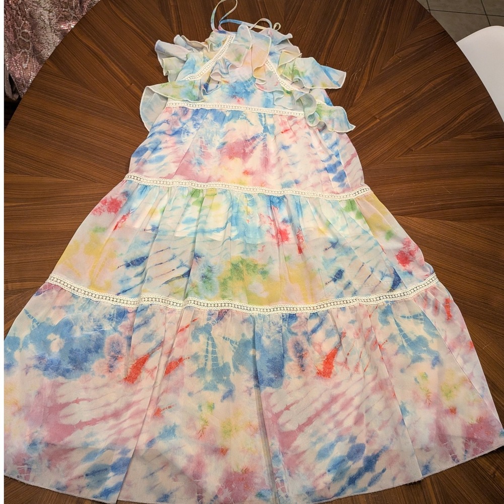 GBYM Tie Dye Halter Dress Womens Multicolor Fair Tiered Ruffle Lace A36191
